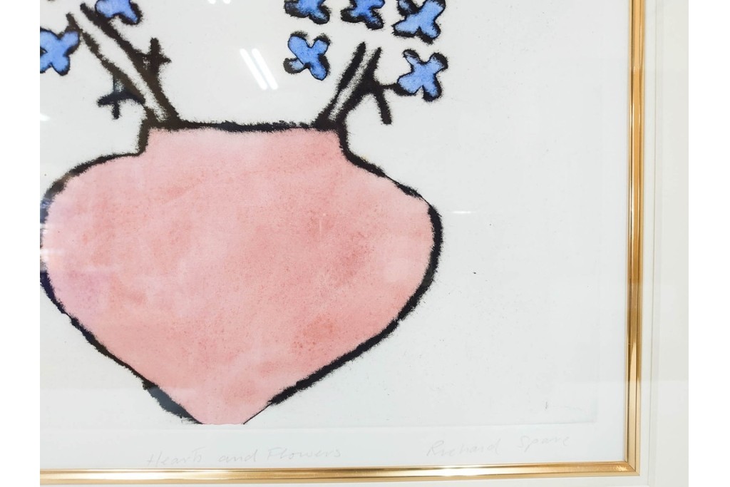 真作　サイン&メッセージ入り　リチャード・スペア(Richard Spare)　3/75　ドライポイント(銅版画)・水彩画　「Hearts and Flowers(ハートと花)」　外箱付き　(R-087300)