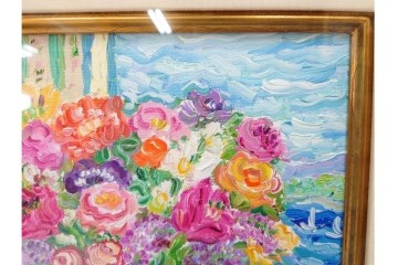 真作　メッセージ入り　2007年制作　レスリー・セイヤー(Leslie Sayour)　油彩　「春の到来」　色鮮やかな花々を描いた絵画　外箱付き　(R-087301)