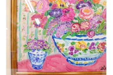 真作　メッセージ入り　2007年制作　レスリー・セイヤー(Leslie Sayour)　油彩　「春の到来」　色鮮やかな花々を描いた絵画　外箱付き　(R-087301)