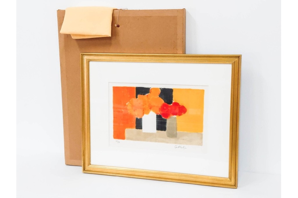 真作　1994年制作　ベルナール・カトラン(Bernard Cathelin)　13/75　「インドバラとゼラニウム」　サイン付きのリトグラフ　証明書・外箱付き　(R-087302)