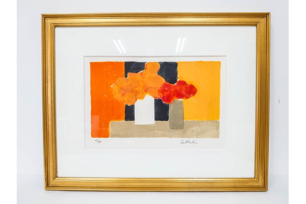 真作　1994年制作　ベルナール・カトラン(Bernard Cathelin)　13/75　「インドバラとゼラニウム」　サイン付きのリトグラフ　証明書・外箱付き　(R-087302)