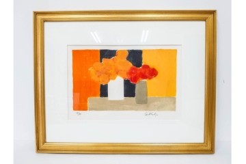 真作　1994年制作　ベルナール・カトラン(Bernard Cathelin)　13/75　「インドバラとゼラニウム」　サイン付きのリトグラフ　証明書・外箱付き　(R-087302)