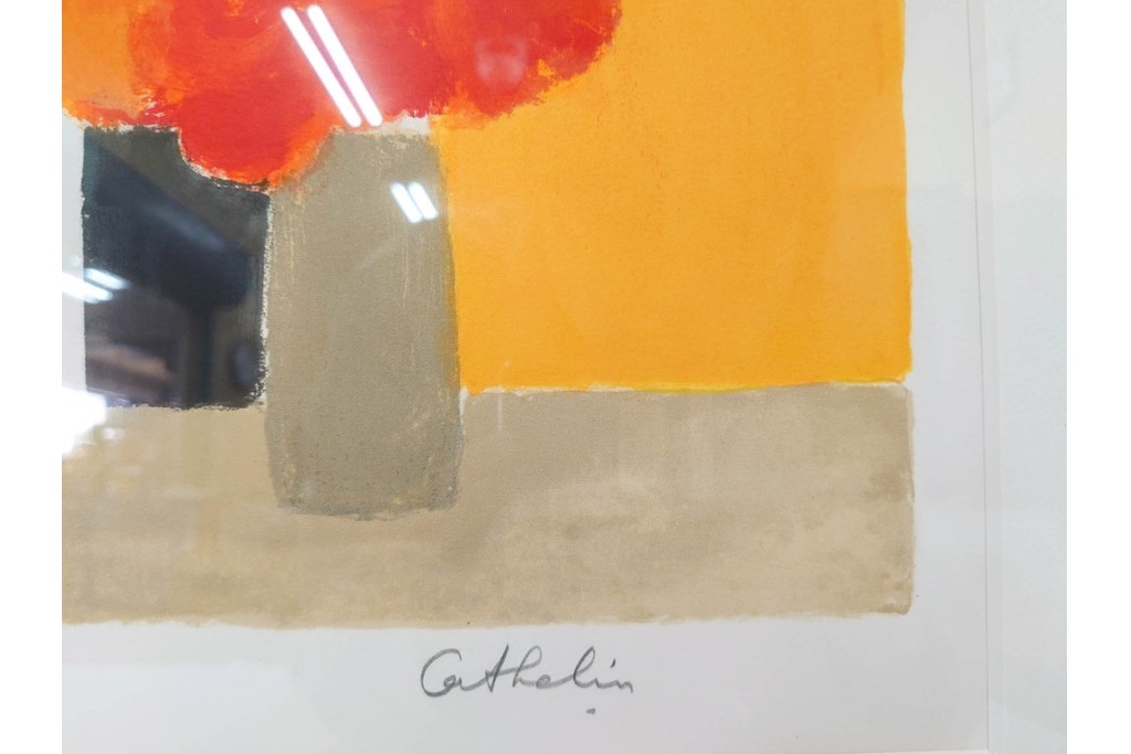 真作　1994年制作　ベルナール・カトラン(Bernard Cathelin)　13/75　「インドバラとゼラニウム」　サイン付きのリトグラフ　証明書・外箱付き　(R-087302)