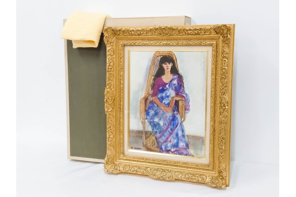 真作　田中実　水彩画　F6号　「印度の服」　異国情緒漂う女性を描いた絵画　外箱付き　(R-087303)