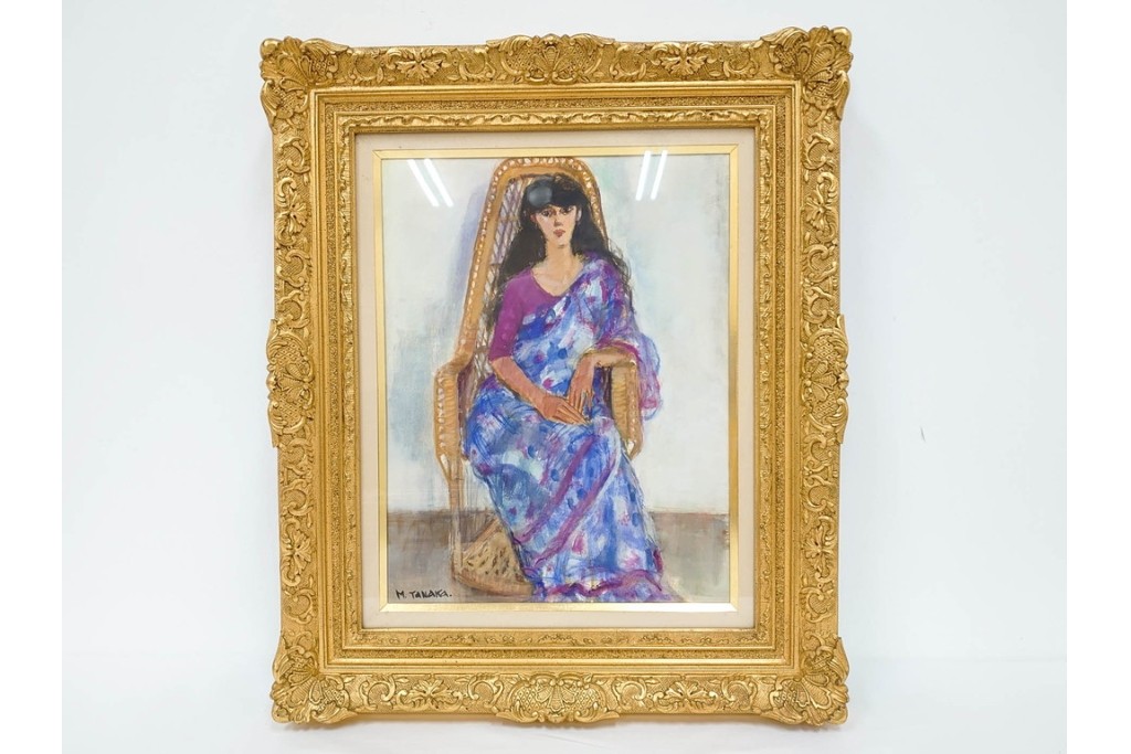 真作　田中実　水彩画　F6号　「印度の服」　異国情緒漂う女性を描いた絵画　外箱付き　(R-087303)