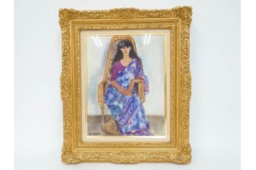 真作　田中実　水彩画　F6号　「印度の服」　異国情緒漂う女性を描いた絵画　外箱付き　(R-087303)