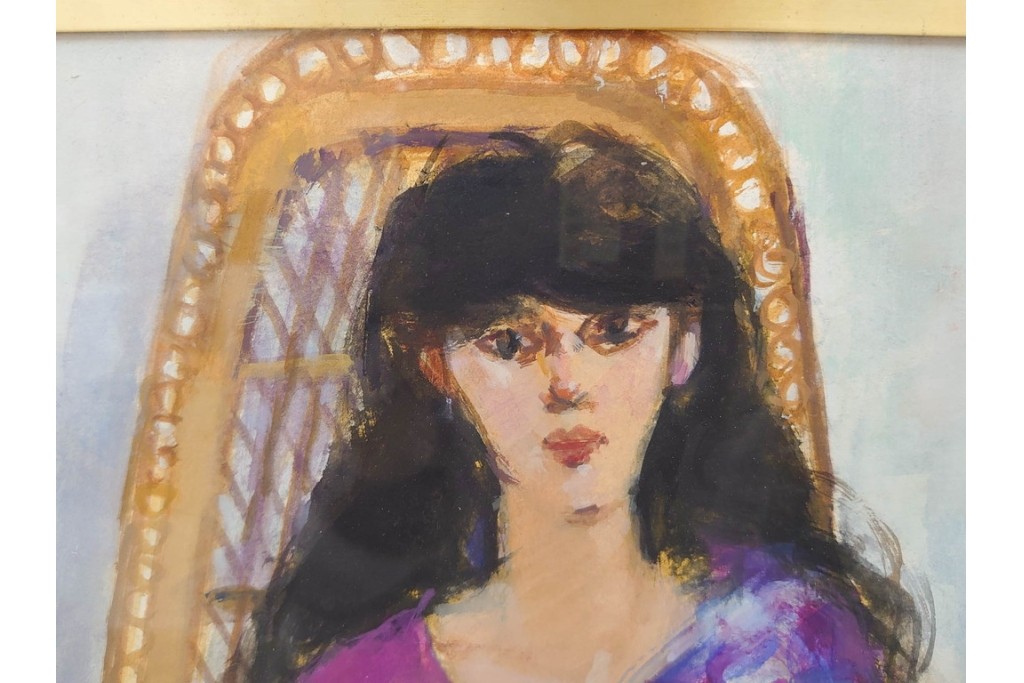 真作　田中実　水彩画　F6号　「印度の服」　異国情緒漂う女性を描いた絵画　外箱付き　(R-087303)