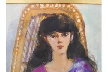 真作　田中実　水彩画　F6号　「印度の服」　異国情緒漂う女性を描いた絵画　外箱付き　(R-087303)