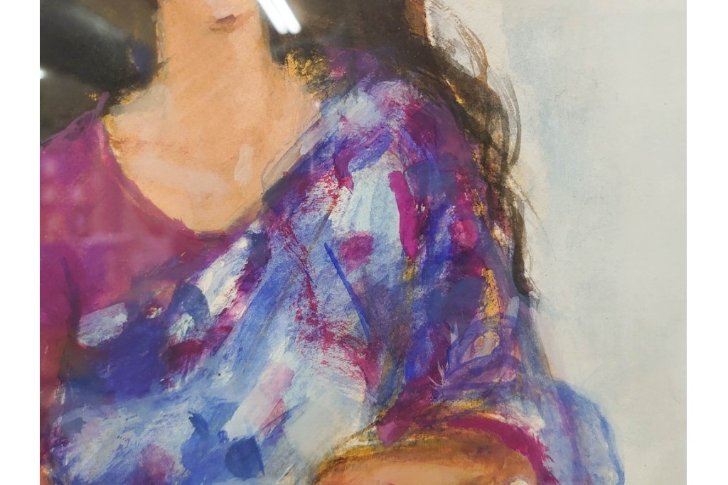 真作　田中実　水彩画　F6号　「印度の服」　異国情緒漂う女性を描いた絵画　外箱付き　(R-087303)