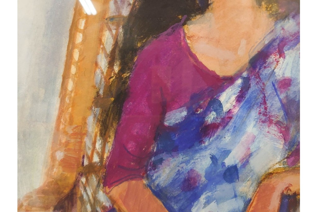 真作　田中実　水彩画　F6号　「印度の服」　異国情緒漂う女性を描いた絵画　外箱付き　(R-087303)