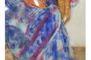 真作　田中実　水彩画　F6号　「印度の服」　異国情緒漂う女性を描いた絵画　外箱付き　(R-087303)