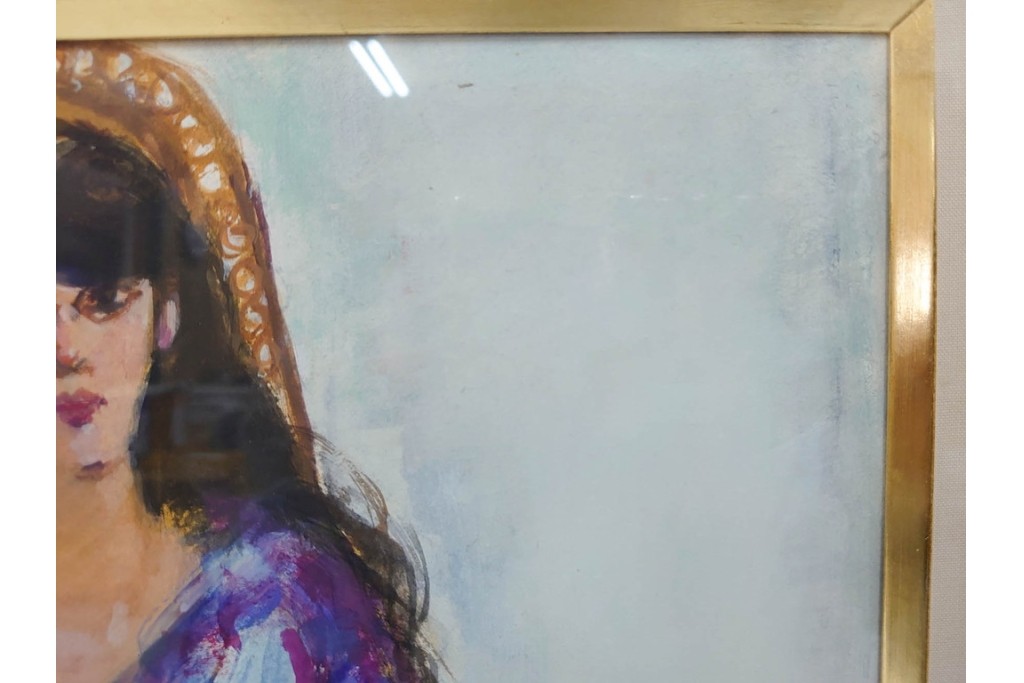 真作　田中実　水彩画　F6号　「印度の服」　異国情緒漂う女性を描いた絵画　外箱付き　(R-087303)