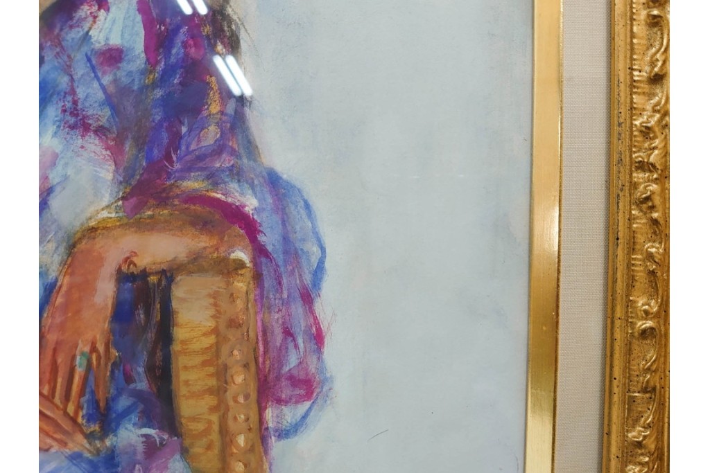 真作　田中実　水彩画　F6号　「印度の服」　異国情緒漂う女性を描いた絵画　外箱付き　(R-087303)