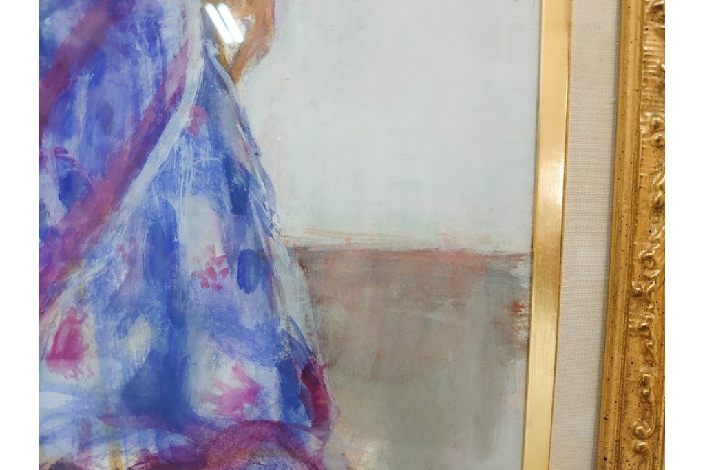 真作　田中実　水彩画　F6号　「印度の服」　異国情緒漂う女性を描いた絵画　外箱付き　(R-087303)