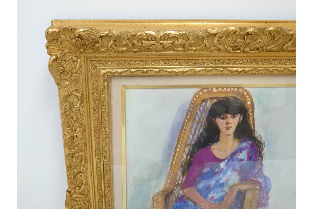 真作　田中実　水彩画　F6号　「印度の服」　異国情緒漂う女性を描いた絵画　外箱付き　(R-087303)