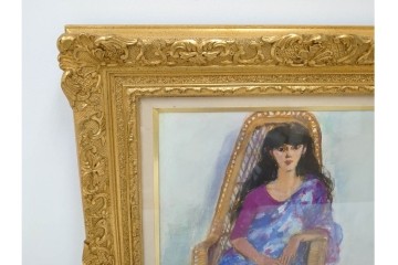 真作　田中実　水彩画　F6号　「印度の服」　異国情緒漂う女性を描いた絵画　外箱付き　(R-087303)