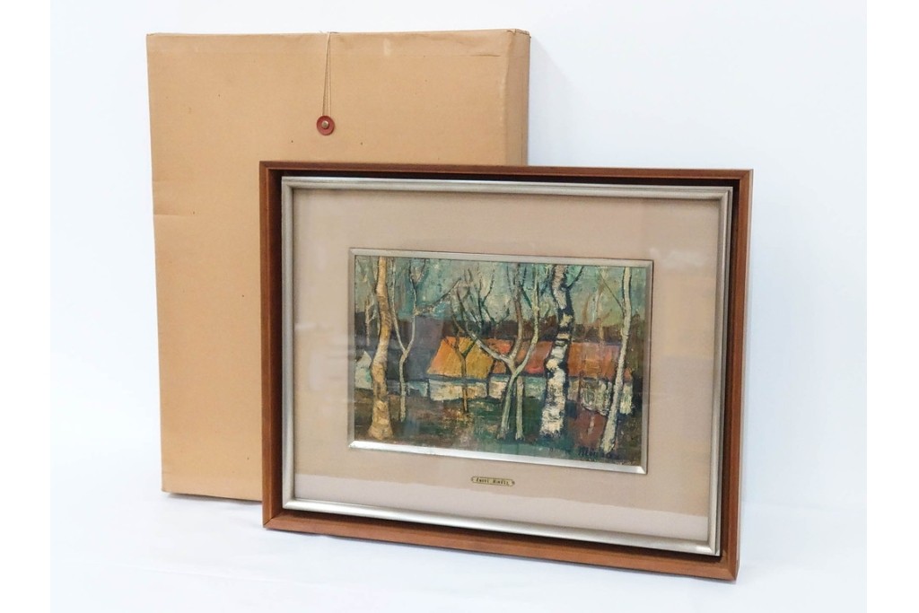 真作　アンドレ・ミノー(ANDRE MINAUX)　油彩　「樹林」　樹木と家並みを描いた絵画　外箱付き　(R-087304)