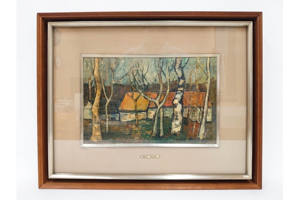 真作　アンドレ・ミノー(ANDRE MINAUX)　油彩　「樹林」　樹木と家並みを描いた絵画　外箱付き　(R-087304)
