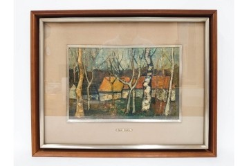 真作　アンドレ・ミノー(ANDRE MINAUX)　油彩　「樹林」　樹木と家並みを描いた絵画　外箱付き　(R-087304)