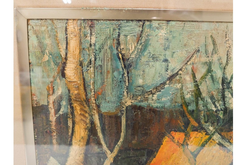 真作　アンドレ・ミノー(ANDRE MINAUX)　油彩　「樹林」　樹木と家並みを描いた絵画　外箱付き　(R-087304)