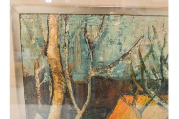 真作　アンドレ・ミノー(ANDRE MINAUX)　油彩　「樹林」　樹木と家並みを描いた絵画　外箱付き　(R-087304)