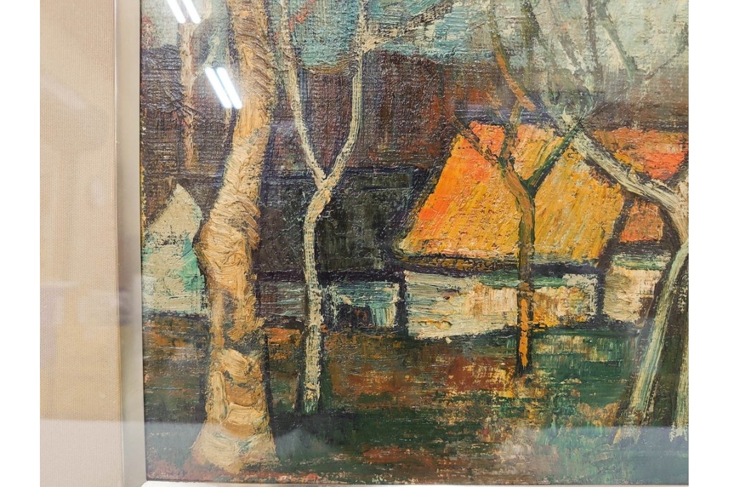 真作　アンドレ・ミノー(ANDRE MINAUX)　油彩　「樹林」　樹木と家並みを描いた絵画　外箱付き　(R-087304)