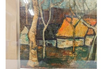 真作　アンドレ・ミノー(ANDRE MINAUX)　油彩　「樹林」　樹木と家並みを描いた絵画　外箱付き　(R-087304)