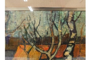 真作　アンドレ・ミノー(ANDRE MINAUX)　油彩　「樹林」　樹木と家並みを描いた絵画　外箱付き　(R-087304)