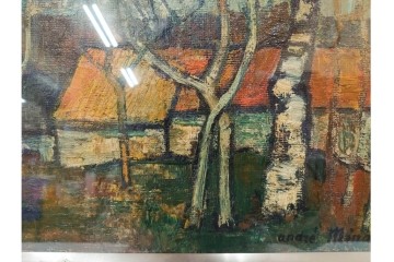 真作　アンドレ・ミノー(ANDRE MINAUX)　油彩　「樹林」　樹木と家並みを描いた絵画　外箱付き　(R-087304)