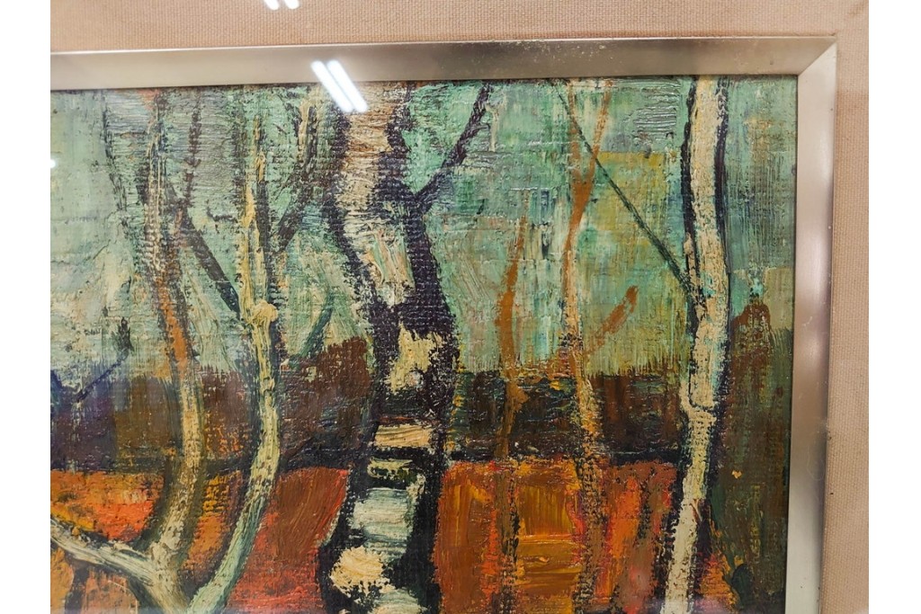 真作　アンドレ・ミノー(ANDRE MINAUX)　油彩　「樹林」　樹木と家並みを描いた絵画　外箱付き　(R-087304)