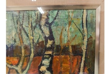 真作　アンドレ・ミノー(ANDRE MINAUX)　油彩　「樹林」　樹木と家並みを描いた絵画　外箱付き　(R-087304)