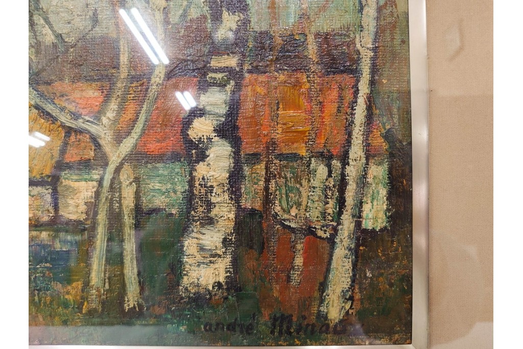 真作　アンドレ・ミノー(ANDRE MINAUX)　油彩　「樹林」　樹木と家並みを描いた絵画　外箱付き　(R-087304)