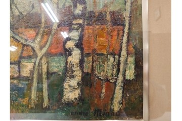 真作　アンドレ・ミノー(ANDRE MINAUX)　油彩　「樹林」　樹木と家並みを描いた絵画　外箱付き　(R-087304)