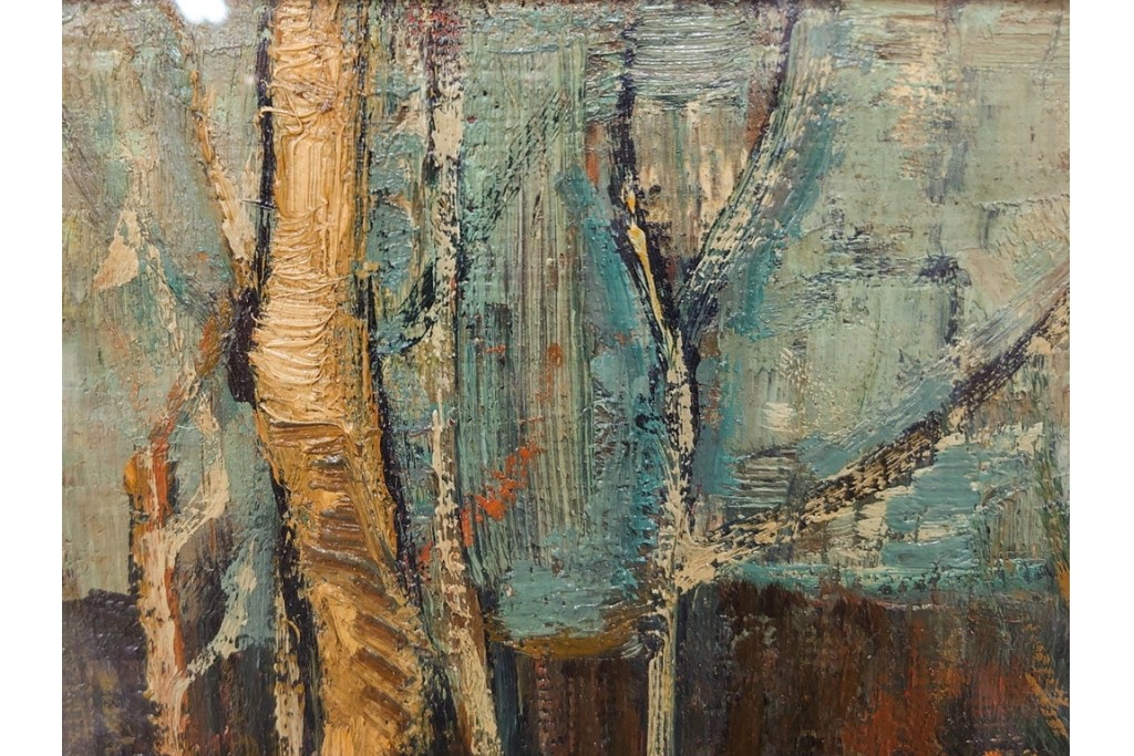 真作　アンドレ・ミノー(ANDRE MINAUX)　油彩　「樹林」　樹木と家並みを描いた絵画　外箱付き　(R-087304)