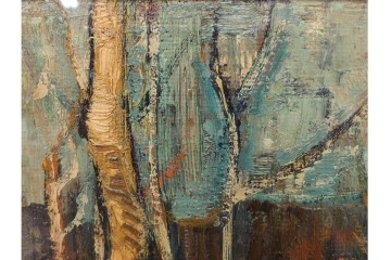 真作　アンドレ・ミノー(ANDRE MINAUX)　油彩　「樹林」　樹木と家並みを描いた絵画　外箱付き　(R-087304)