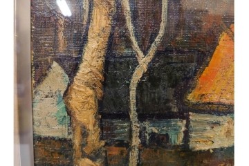 真作　アンドレ・ミノー(ANDRE MINAUX)　油彩　「樹林」　樹木と家並みを描いた絵画　外箱付き　(R-087304)