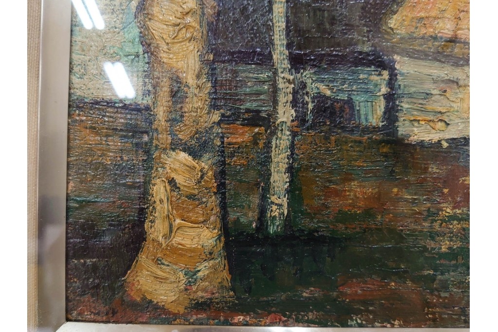 真作　アンドレ・ミノー(ANDRE MINAUX)　油彩　「樹林」　樹木と家並みを描いた絵画　外箱付き　(R-087304)