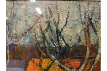 真作　アンドレ・ミノー(ANDRE MINAUX)　油彩　「樹林」　樹木と家並みを描いた絵画　外箱付き　(R-087304)