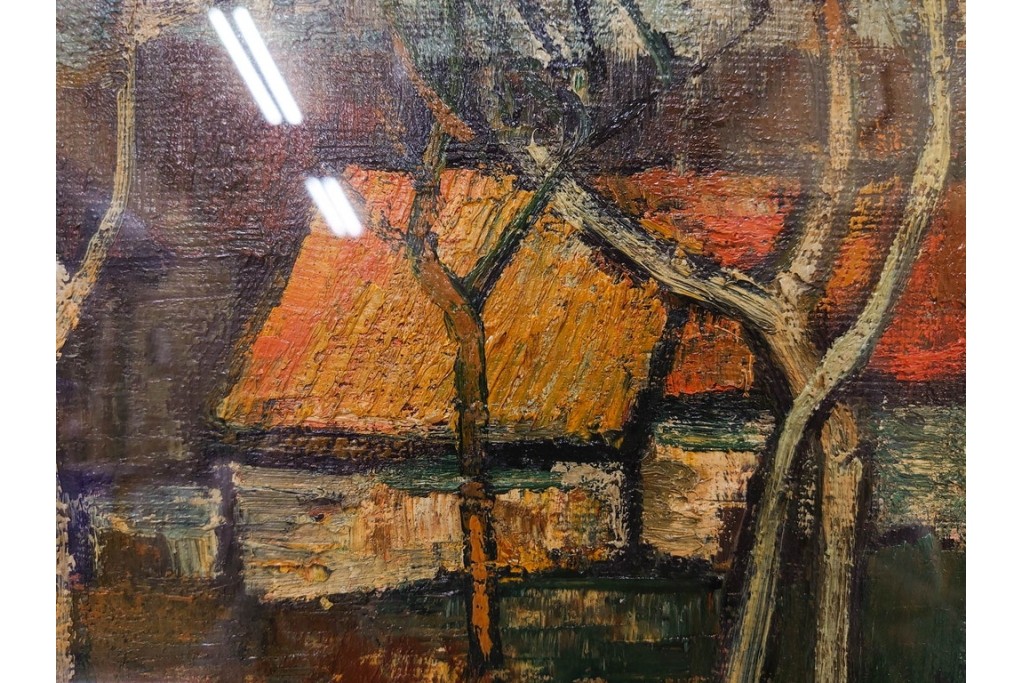 真作　アンドレ・ミノー(ANDRE MINAUX)　油彩　「樹林」　樹木と家並みを描いた絵画　外箱付き　(R-087304)