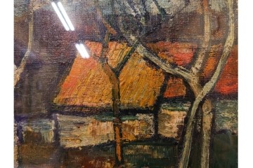 真作　アンドレ・ミノー(ANDRE MINAUX)　油彩　「樹林」　樹木と家並みを描いた絵画　外箱付き　(R-087304)