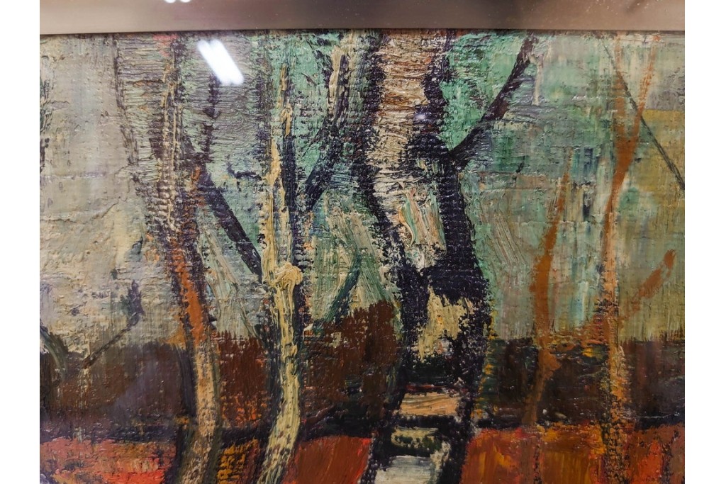 真作　アンドレ・ミノー(ANDRE MINAUX)　油彩　「樹林」　樹木と家並みを描いた絵画　外箱付き　(R-087304)