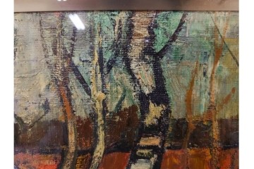 真作　アンドレ・ミノー(ANDRE MINAUX)　油彩　「樹林」　樹木と家並みを描いた絵画　外箱付き　(R-087304)