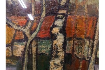 真作　アンドレ・ミノー(ANDRE MINAUX)　油彩　「樹林」　樹木と家並みを描いた絵画　外箱付き　(R-087304)