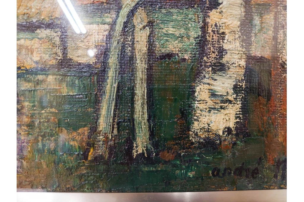 真作　アンドレ・ミノー(ANDRE MINAUX)　油彩　「樹林」　樹木と家並みを描いた絵画　外箱付き　(R-087304)