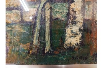 真作　アンドレ・ミノー(ANDRE MINAUX)　油彩　「樹林」　樹木と家並みを描いた絵画　外箱付き　(R-087304)