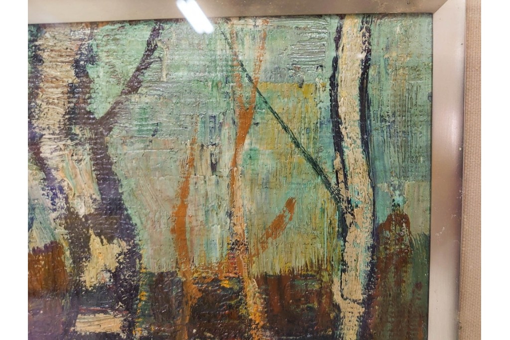 真作　アンドレ・ミノー(ANDRE MINAUX)　油彩　「樹林」　樹木と家並みを描いた絵画　外箱付き　(R-087304)