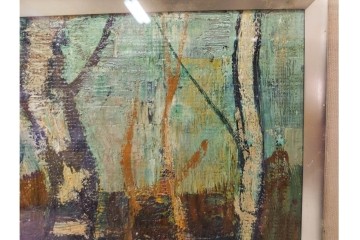 真作　アンドレ・ミノー(ANDRE MINAUX)　油彩　「樹林」　樹木と家並みを描いた絵画　外箱付き　(R-087304)