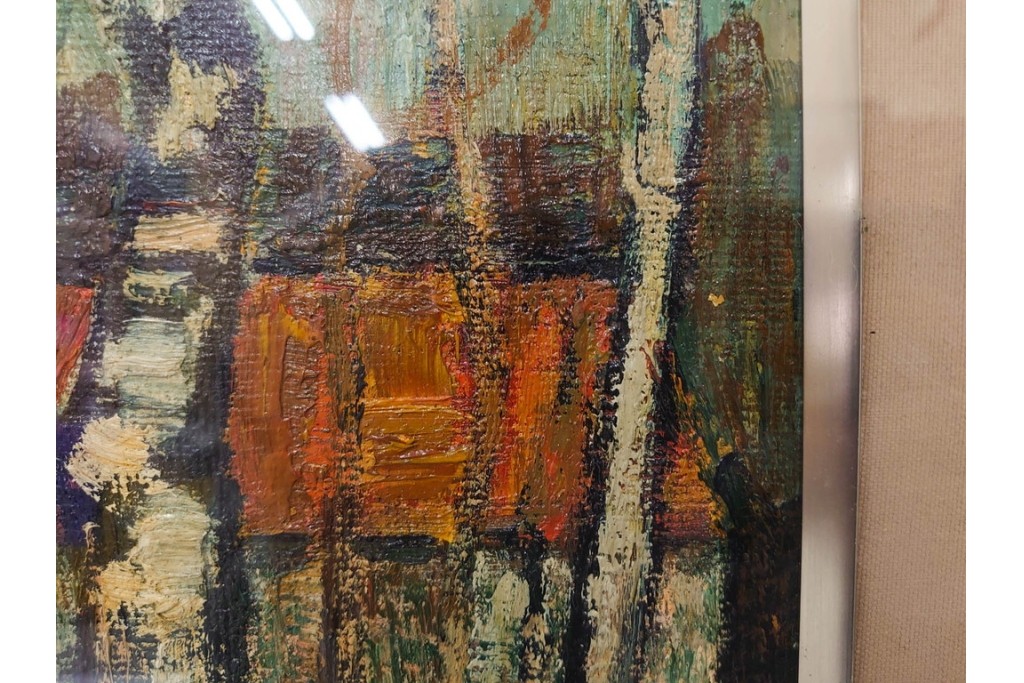 真作　アンドレ・ミノー(ANDRE MINAUX)　油彩　「樹林」　樹木と家並みを描いた絵画　外箱付き　(R-087304)