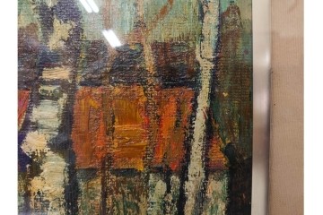 真作　アンドレ・ミノー(ANDRE MINAUX)　油彩　「樹林」　樹木と家並みを描いた絵画　外箱付き　(R-087304)