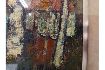 真作　アンドレ・ミノー(ANDRE MINAUX)　油彩　「樹林」　樹木と家並みを描いた絵画　外箱付き　(R-087304)